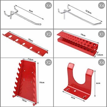 FIXKIT Werkzeuglochwand aus Metall mit 17 teilge Hakenset 120 x 60 x 2 cm, Werkzeugwand Lochwand für Werkstatt, Schwarz und Rot - 7