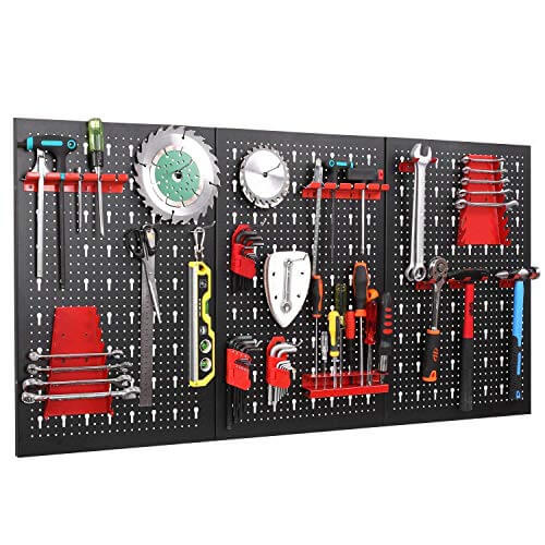FIXKIT Werkzeuglochwand aus Metall mit 17 teilge Hakenset 120 x 60 x 2 cm,  Werkzeugwand Lochwand für Werkstatt, Schwarz und Rot