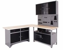 Ondis24 Werkstatt Ecklösung Basic One, 160 cm breit, 2x Werkbank, 1x Werkzeugschrank, Metall, abschließbar, 3x Werkzeugwand - Lochwand, 1x Haken Set (Arbeitshöhe 85 cm, schwarz) - 1