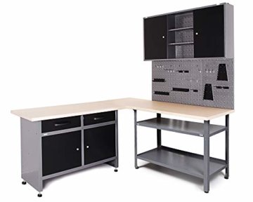 Ondis24 Werkstatt Set Ecklösung Basic One, Werkbank, Werkzeugschrank, Werkzeugwand Lochwand, Haken Set, Metall Bank (Arbeitshöhe 85 cm, anthrazit) - 1