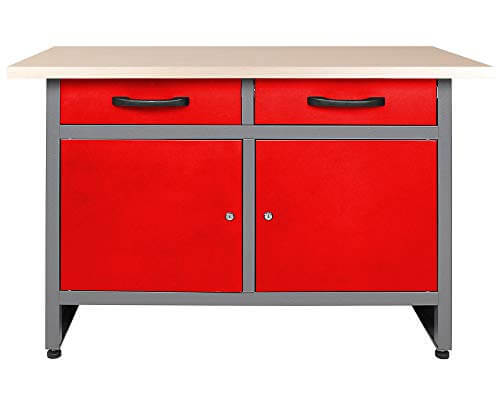 Ondis24 Montagewerkbank Werkstatteinrichtung Werkbank 120cm Werktisch rot  mit 2 kugelgelagerten Schubladen & 2 abschließbaren Türen, TÜV geprüft