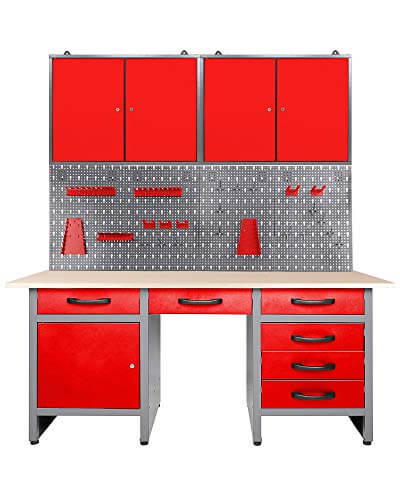 Ondis24 Werkstatteinrichtung rot 160 cm breit, Werkbank Harry, 2x  Werkzeugschrank, Werkzeugwand