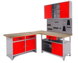 Ondis24 Werkstatt Ecklösung Basic One, 180 cm Holzarbeitsplatte, 2x Werkbank, 1x Werkzeugschrank, Stahl, abschließbar, Werkzeugwand - Lochwand, 1x Haken Set (Arbeitshöhe 85 cm, rot) - 1