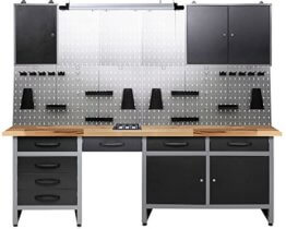 Ondis24 Werkstatt Werkstatteinrichtung 240cm Komplettset mit LED und Bluetooth Lautsprechern, inkl. versenkbare Steckdosenleiste grau Werkbank Werkzeugschrank Lochwand - 1