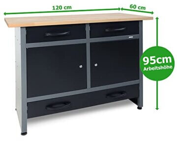Ondis24 Werkbank Werktisch 120cm, Montagewerkbank 3 kugelgelagerte Schubladen & 2 abschließbare Türen, 28mm Buchenholzarbeitsplatte, Arbeitshöhe 95 cm, TÜV geprüft, Werkstatteinrichtung - 2