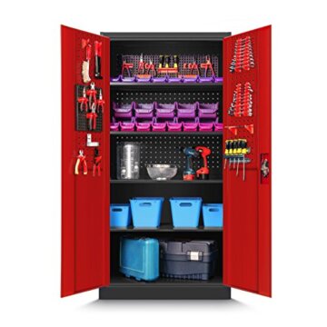 Jan Nowak Werkzeugschrank TC01A Werkstattschrank Garagenschrank Universalschrank Lagerschrank Pulverbeschichtet Flügeltüren Stahlblech 185 cm x 92 cm x 50 cm (anthrazit/rot) - 1