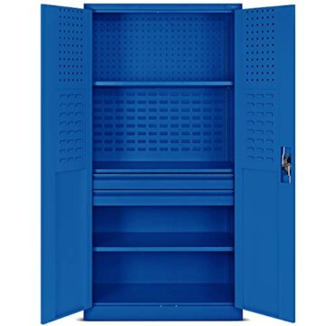 Jan Nowak Werkzeugschrank TC02AM Werkstattschrank mit Schubladen Flügeltüren Metallschrank 3 Fachböden Pulverbeschichtung 185 cm x 92 cm x 50 cm (Blue) - 3