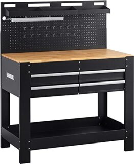 Meister Werkbank 1400 x 1140 x 610 mm - 200 kg Tragkraft - Vier Schubladen, Lochrückwand & drei Ablagefächer - Mit LED-Arbeitsleuchte & integrierter Steckdosenleiste - Aus Stahl / Werktisch / 9079700 - 1