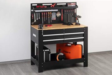 Meister Werkbank 1400 x 1140 x 610 mm - 200 kg Tragkraft - Vier Schubladen, Lochrückwand & drei Ablagefächer - Mit LED-Arbeitsleuchte & integrierter Steckdosenleiste - Aus Stahl / Werktisch / 9079700 - 7