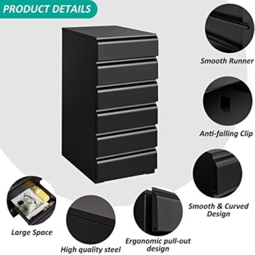 Metall Rollcontainer mit 6 Schubladen Schubladenschrank Bürokommode Aktenschrank Stahlschrank Beistellcontainer Bürocontainer Nachttischrank Schrankkorpus Lagerschrank Mattschwarz 65x30x42cm - 2