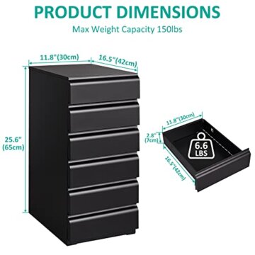 Metall Rollcontainer mit 6 Schubladen Schubladenschrank Bürokommode Aktenschrank Stahlschrank Beistellcontainer Bürocontainer Nachttischrank Schrankkorpus Lagerschrank Mattschwarz 65x30x42cm - 7