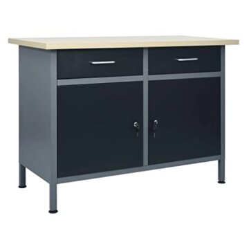vidaXL Werkbank 2 Schubladen mit Kugellager 2 Schränke mit Türen Werktisch Werkstatt Heimwerker Montagewerkbank Arbeitstisch Schwarz 120x60x85cm Stahl - 2