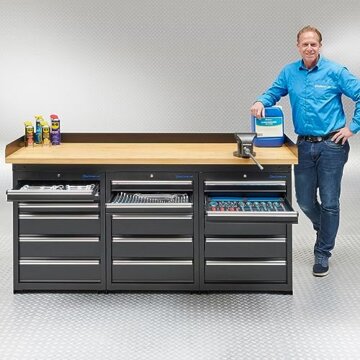 Werkbank PRO in Schwarz, Bambus Arbeitsplatte, 18 Schubladen 200 cm - 1