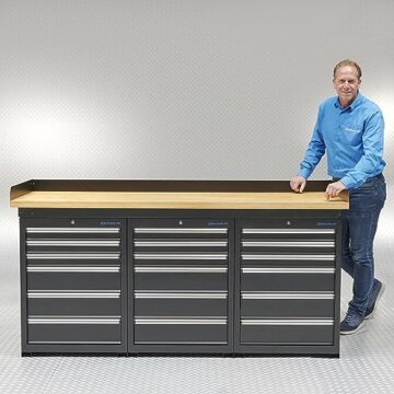 Werkbank PRO in Schwarz, Bambus Arbeitsplatte, 18 Schubladen 200 cm - 3