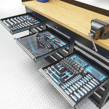Werkbank PRO in Schwarz, Bambus Arbeitsplatte, 18 Schubladen 200 cm - 6