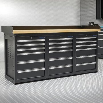 Werkbank PRO in Schwarz, Bambus Arbeitsplatte, 18 Schubladen 200 cm - 7