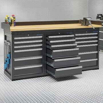 Werkbank PRO in Schwarz, Bambus Arbeitsplatte, 18 Schubladen 200 cm - 9
