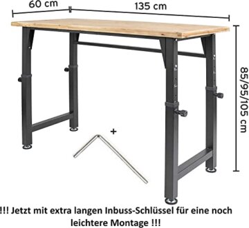 Werkbank | Werktisch I höhenverstellbar | Tragkraft 200 kg | HxBxT 1.050 x 1.350 x 600 mm | hochrobust aus pulverbeschichtetem Stahl | Profi-Arbeitstisch | 3,5 cm Starke Holzplatte - 3