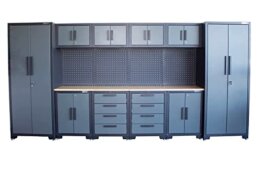 KrofTools ToolsDE Werkstatteinrichtung Set mit Schubladen 16-TLG ca. 395x50x200 cm,Werkbank,Werkzeugschrank,Werkzeugwand - Modulares Werkbank Holzarbeitsplatte inkl. Rückwand 8680SET (Set2),2000,Grau - 1