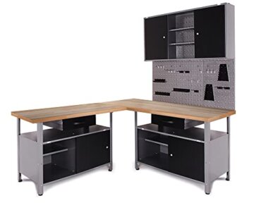 Ondis24 Werkstatt Set Ecklösung Classic One, Werkbank, 180 cm Buchenholzarbeitsplatte, Werkzeugschrank, Werkzeugwand Lochwand, Haken Set, Metall (Arbeitshöhe 85cm, schwarz) - 1