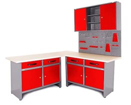 Ondis24 Werkstatt Set Ecklösung Iconic One, Werkbank, 180 cm Holzarbeitsplatte, Werkzeugschrank, Werkzeugwand Lochwand, Haken Set, Metall - 1