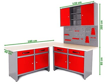 Ondis24 Werkstatt Set Ecklösung Iconic One, Werkbank, 180 cm Holzarbeitsplatte, Werkzeugschrank, Werkzeugwand Lochwand, Haken Set, Metall - 2