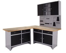 Ondis24 Werkstatt Set Ecklösung Iconic One, Werkbank, 180 cm Holzarbeitsplatte, Werkzeugschrank, Werkzeugwand Lochwand, Haken Set, Metall - 1