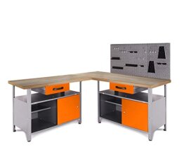 Ondis24 Werkstatt Set Ecklösung One, Werkbank, 180 cm Buchenholzarbeitsplatte, Werkzeugwand Lochwand, Haken Set, Metall (Arbeitshöhe 85cm, orange) - 1