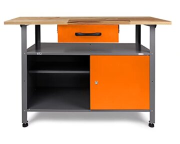 Ondis24 Werkstatt Set Ecklösung One, Werkbank, 180 cm Buchenholzarbeitsplatte, Werkzeugwand Lochwand, Haken Set, Metall (Arbeitshöhe 85cm, orange) - 2