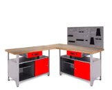 Ondis24 Werkstatt Set Ecklösung One, Werkbank, 180 cm Buchenholzarbeitsplatte, Werkzeugwand Lochwand, Haken Set, Metall (Arbeitshöhe 85cm, rot) - 1
