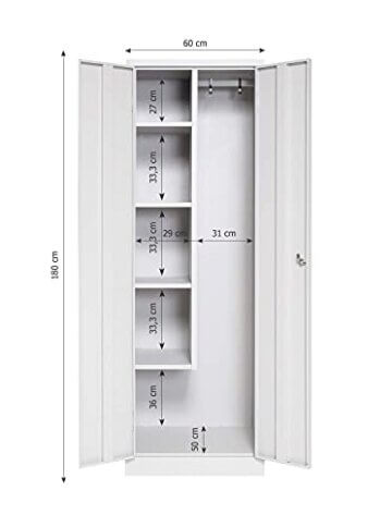 furni24 TÜV/GS - Metall Putzmittelschrank – Wäsche Schrank aus Stahl mit Türen, Garderobenstange, große Fächer, Hutablage, fertig montiert - Grau, XXL 60 x 50 x 180 cm - 5