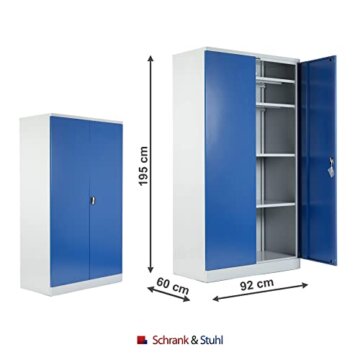 Schrank & Stuhl XXL Werkzeugschrank – Werkstattschrank mit 4 höhenverstellbaren Fachböden, Stahlschrank für Werkzeuge, 195 x 92 x 60 cm (H x B x T), Grau/Blau - 2