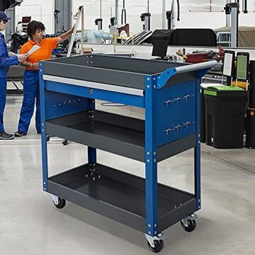 AIRAJ Werkzeugwagen für Robuste 3 Etagen,mit Haken zum Aufhängen,rutschfeste Perlgarnitur,Ergonomische Griffe,Gummierte Bremsräder,Werkzeugwagen für Zuhause,Werkstattwagen,Tragkraft 200KG - 2