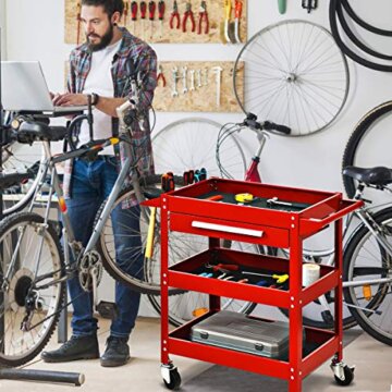COSTWAY Werkzeugwagen mit Schublade, 150 kg belastbar, Werkstattwagen 3 Etagen, Rollwagen mit seitlicher Werkzeugbank zum Aufhängen, Montagewagen Metall, Handwagen Werkstatt, 80x41x79,5cm (Rot) - 2