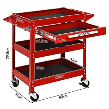 COSTWAY Werkzeugwagen mit Schublade, 150 kg belastbar, Werkstattwagen 3 Etagen, Rollwagen mit seitlicher Werkzeugbank zum Aufhängen, Montagewagen Metall, Handwagen Werkstatt, 80x41x79,5cm (Rot) - 3