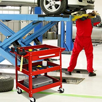 COSTWAY Werkzeugwagen mit Schublade, 150 kg belastbar, Werkstattwagen 3 Etagen, Rollwagen mit seitlicher Werkzeugbank zum Aufhängen, Montagewagen Metall, Handwagen Werkstatt, 80x41x79,5cm (Rot) - 8