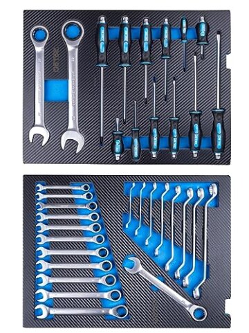 DeTec. 1077 Heavy Duty XXL Werkstattwagen bestückt 7/7 Schubladen gefüllt mit Werkzeug Carbon Einleger in blau | Werkzeugwagen mit Rollen | Bestückt mit Werkzeug | XXL Format - 7