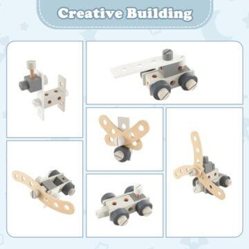DREAMADE Werkbank Kinder, Werkzeugbank für Kinder aus Holz mit 61 Zubehör, Werkzeug Spielzeug Set mit Tafel & Uhr & Werkzeughalter, Werkbank für Kinder ab 3 Jahren (Blau) - 7