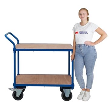 PROREGAL Tischwagen Transportwagen Handwagen Materialwagen Pro mit 2 Etagen | HxBxT 95x50x97cm | 2 Lenk- & Bockrollen | Traglast 400kg | Lichtblau - 3