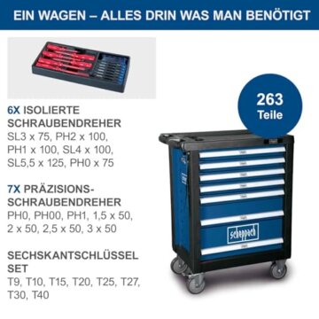 Scheppach Werkstattwagen TW1000 Werkzeugset Werkzeugwagen Werkstattschrank mit 4 Rollen | inkl. 263-tlg. Zubehör | abschließbar und mobil | 7 Schubladen - 8