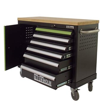 TRUTZHOLM Werkstattwagen Deluxe 6 Schubladen + Tür leer Werkzeugwagen, Rollwagen, Assistent | Arbeitsfläche 108x46,5cm Massivholz Arbeitsfläche (grün/schwarz) - 6