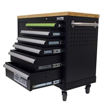 TRUTZHOLM Werkstattwagen Deluxe 6 Schubladen + Tür leer Werkzeugwagen, Rollwagen, Assistent | Arbeitsfläche 108x46,5cm Massivholz Arbeitsfläche (grün/schwarz) - 7