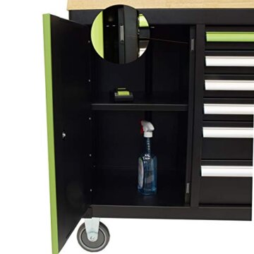 TRUTZHOLM Werkstattwagen Deluxe 6 Schubladen + Tür leer Werkzeugwagen, Rollwagen, Assistent | Arbeitsfläche 108x46,5cm Massivholz Arbeitsfläche (grün/schwarz) - 9