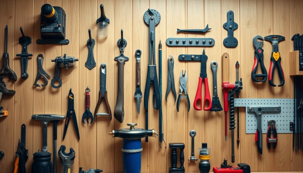 Werkstattorganisation mit Haken und Haltern Werkstattorganisation mit Haken und Haltern