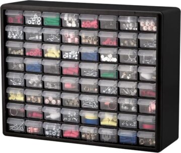 Akro-Mils 10164 Schubladenschrank mit 64 Schubladen, Kunststoff, für Garage, Perlen- und Make-up-Organizer, Lego-Aufbewahrung, Lehrer-Werkzeugkasten und mehr, 50,8 x 15,2 x 40,6 cm (B x T x H) Schwarz - 10