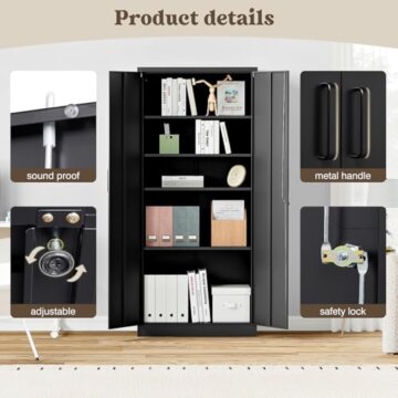 Aktenschrank Aufbewahrungsschrank mit Schloss Stahlschrank Stahlspind Mehrzweckschrank Metallschrank mit 2 Türen für Büro Haus Garage Fitnessstudio Schule 170X78X39cm Schwarz - 5