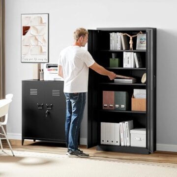 Aktenschrank Aufbewahrungsschrank mit Schloss Stahlschrank Stahlspind Mehrzweckschrank Metallschrank mit 2 Türen für Büro Haus Garage Fitnessstudio Schule 170X78X39cm Schwarz - 6
