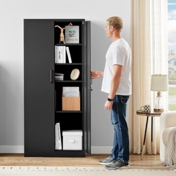 Aktenschrank Aufbewahrungsschrank mit Schloss Stahlschrank Stahlspind Mehrzweckschrank Metallschrank mit 2 Türen für Büro Haus Garage Fitnessstudio Schule 170X78X39cm Schwarz - 8