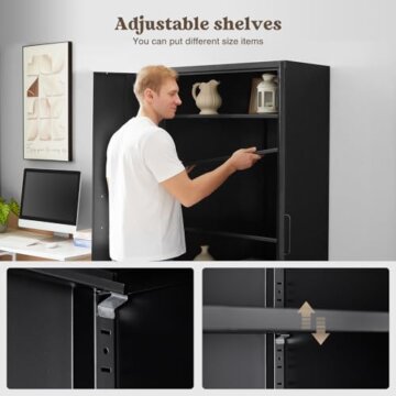 Aktenschrank Aufbewahrungsschrank mit Schloss Stahlschrank Stahlspind Mehrzweckschrank Metallschrank mit 2 Türen für Büro Haus Garage Fitnessstudio Schule 170X78X39cm Schwarz - 9