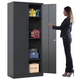 Aktenschrank, Metallschrank, Stahl-Aufbewahrungsschrank, Mehrzweckschrank, 3 Verstellbare Regale, 2 Abschließbare Türen, Schränke für Büro, Wohnzimmer, Garage, 40T x 80B x 180H cm, Schwarz - 1